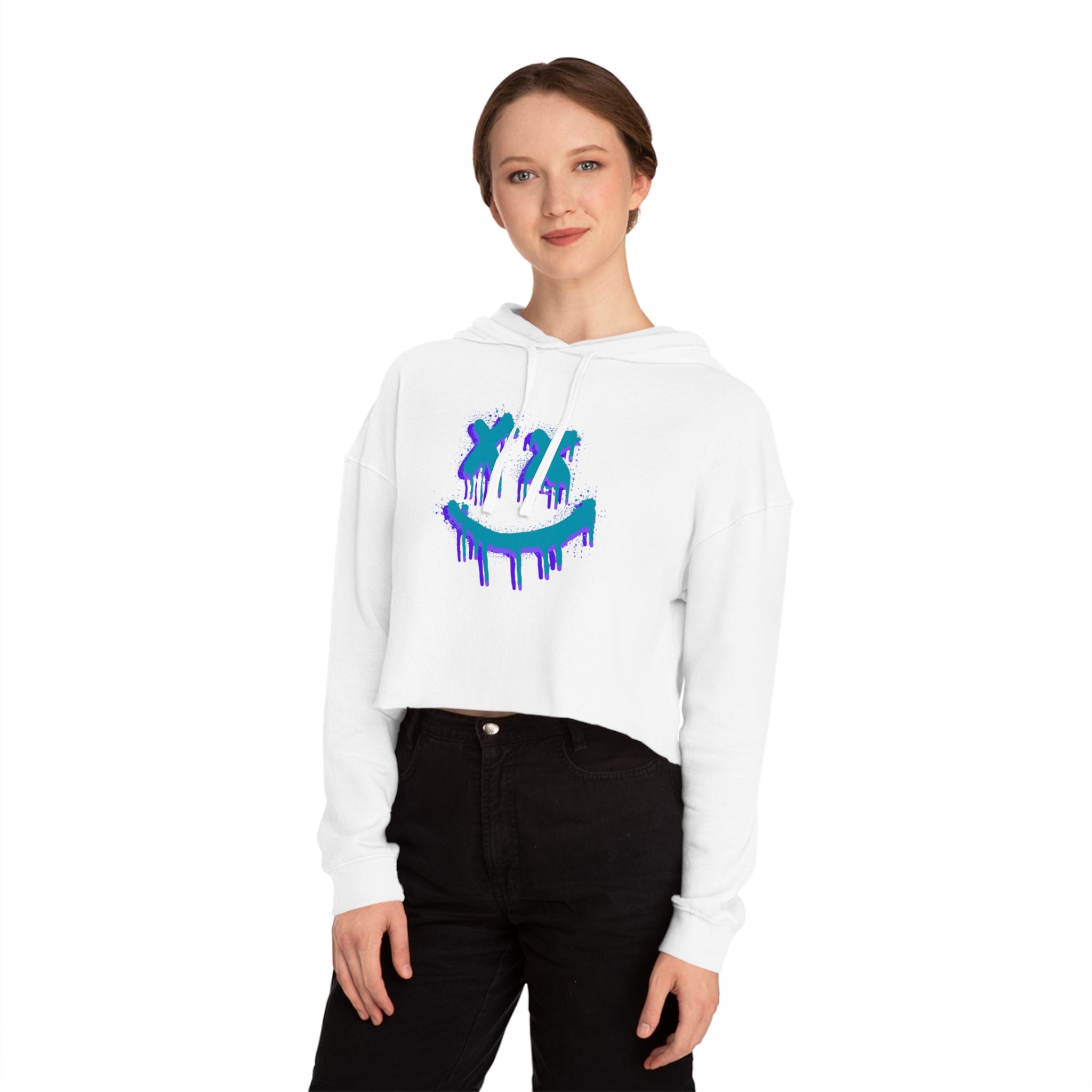 Women’s Blue Drip Smiley Cropped Hoodie