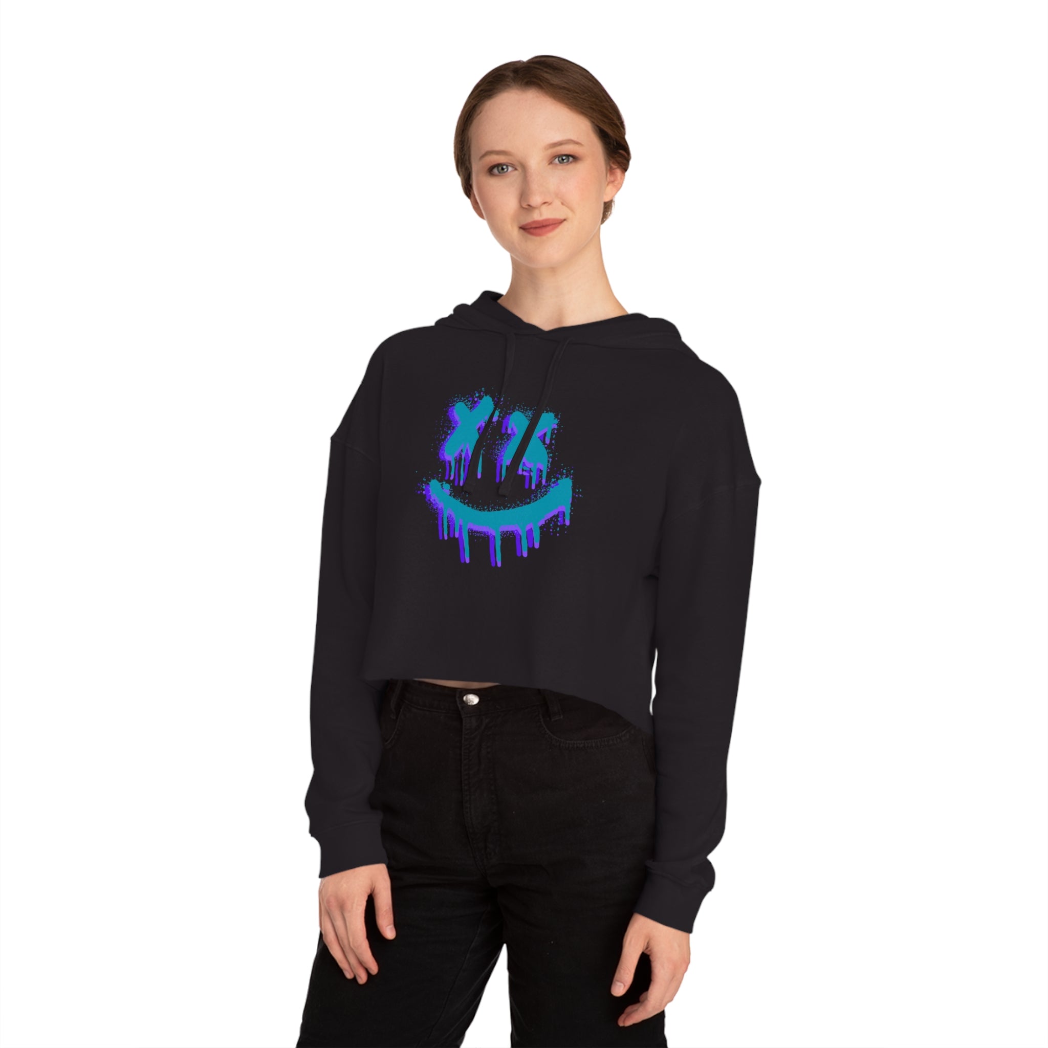 Women’s Blue Drip Smiley Cropped Hoodie